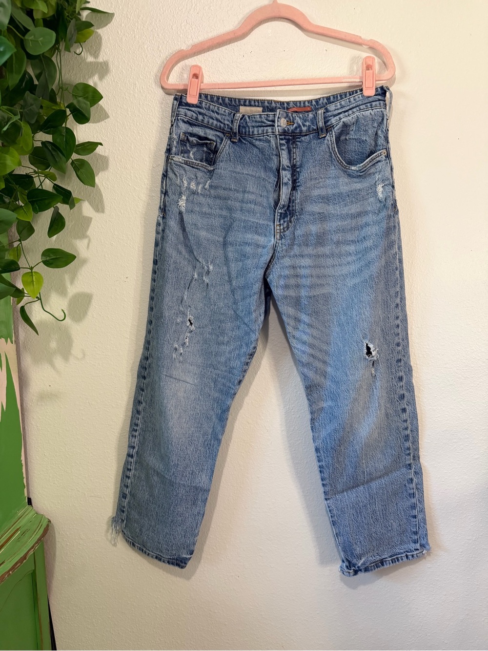Pilcro Anthropologie Straight Leg Distressed Jeans 30 Light Wash Raw Hem Crop